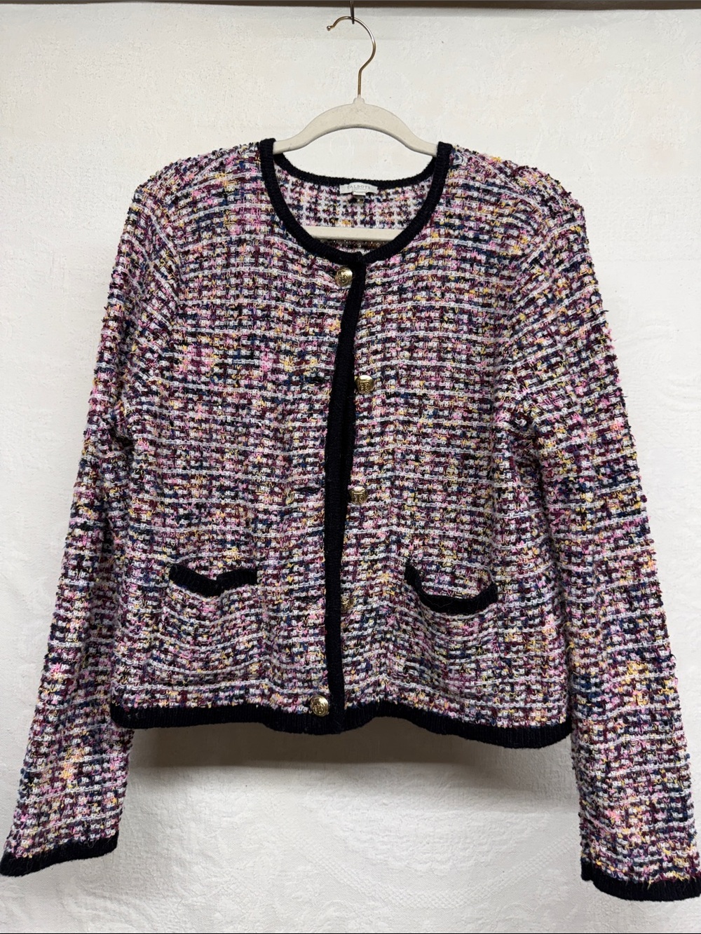 Talbots Multicolor Tweed Cardigan Jacket with Black Trim